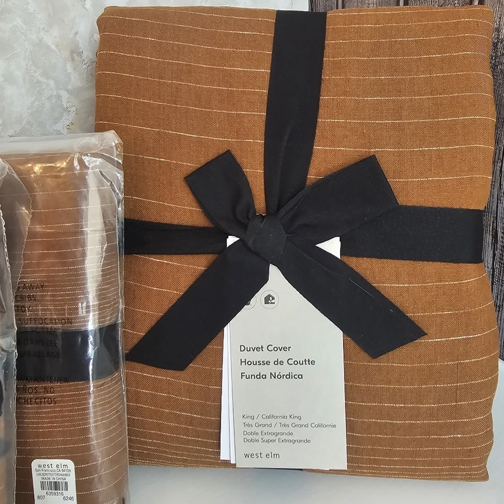 **European Flax Linen Graduated Stripe King Duvet Cover & Euro Shams Amber